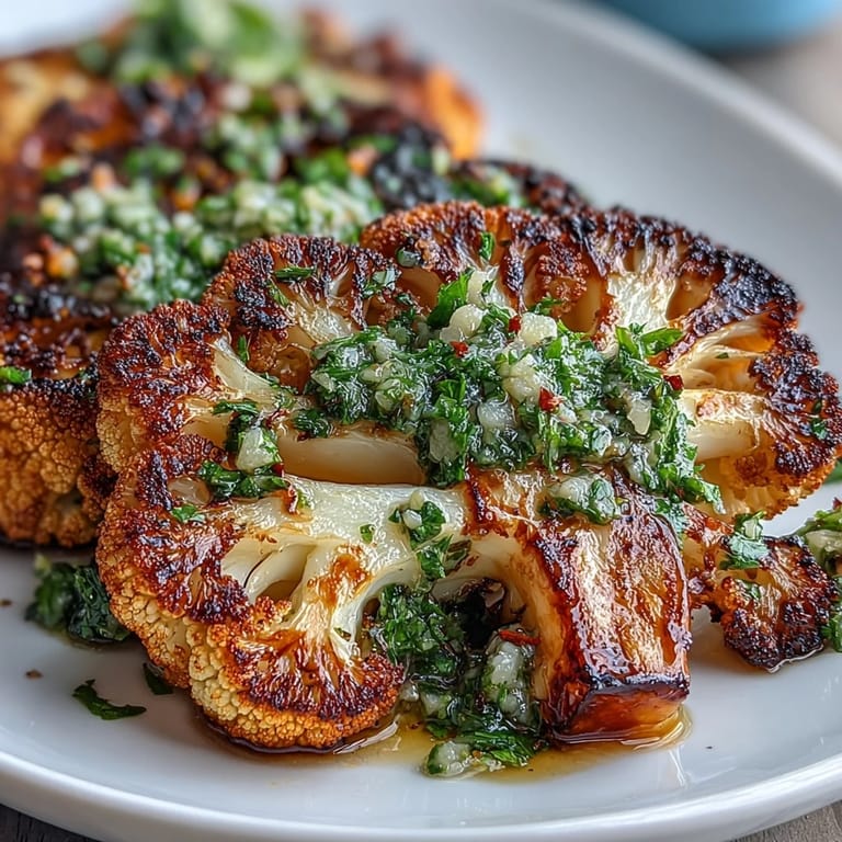 Tender grilled cauliflower steaks drizzled with fresh chimichurri, a colorful and flavorful vegan centerpiece perfect for summer grilling.