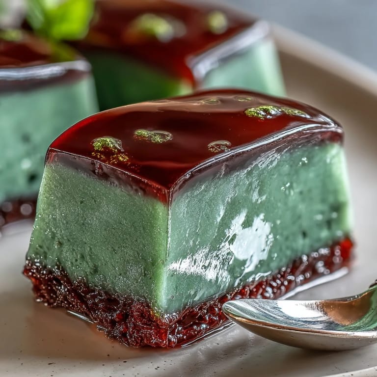 Delicate Japanese red bean jelly (yokan) paired with a bright matcha layer, creating a visually stunning and aromatic dessert.