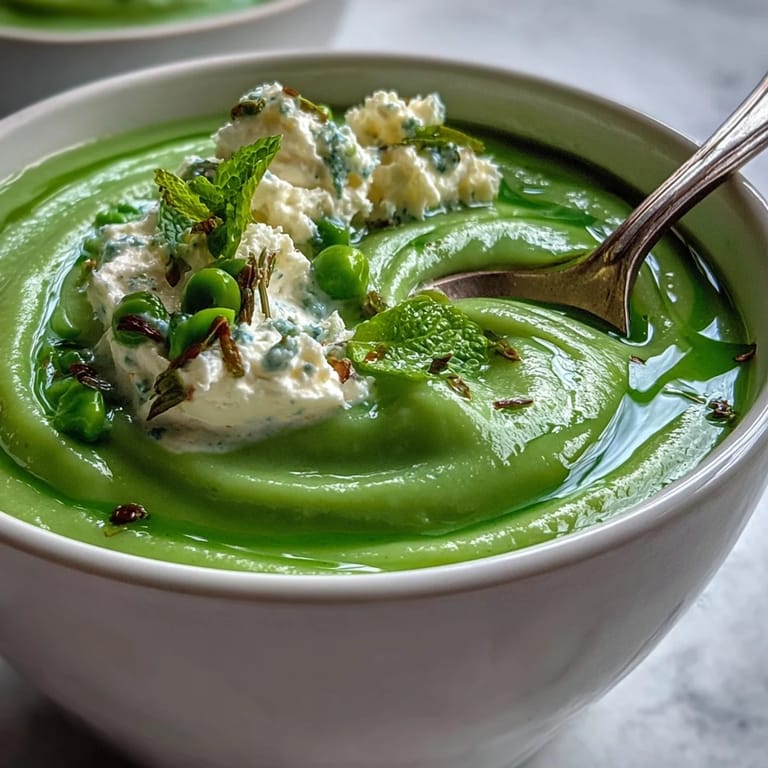 Velvety green pea soup topped with creamy whipped ricotta and bright mint oil for a fresh spring meal.