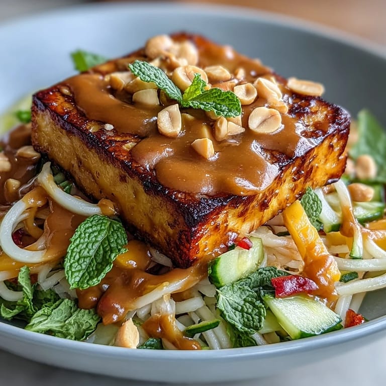 Fresh Thai mango salad topped with crispy tofu and tangy peanut sauce, perfect for a light vegan meal.