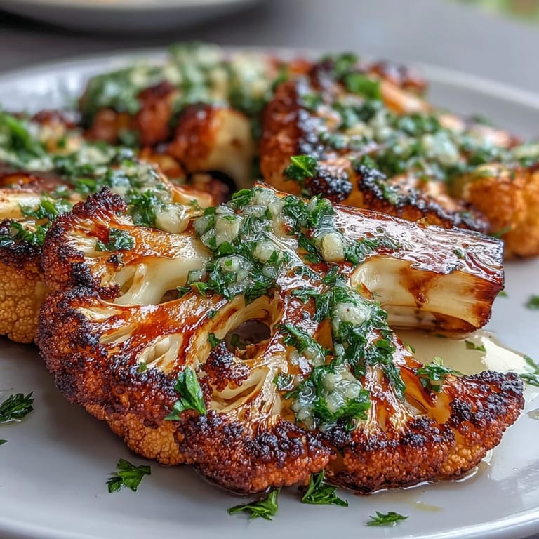 Charred cauliflower steaks served with zesty chimichurri for a smoky, vegan main dish bursting with South American flavors.