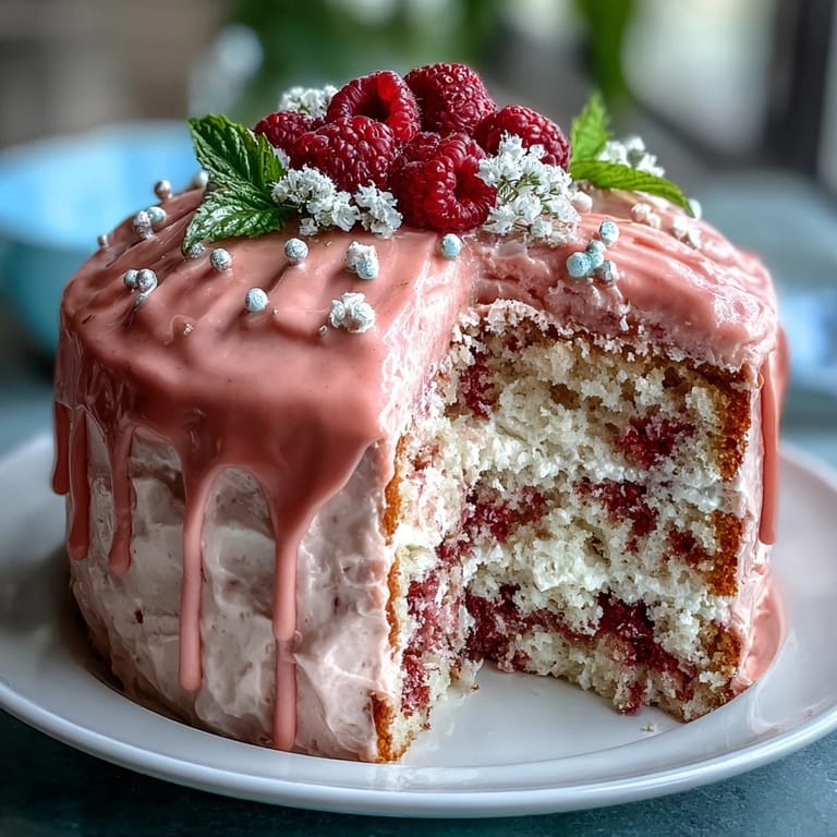 Close-up of Bridal Shower Rosé Velvet Cake, moist pink layers peeking through frosting.