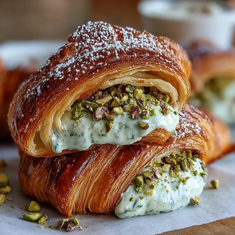 Golden baked croissants oozing creamy pistachio filling, topped with crunchy nuts and a light sugar dusting.