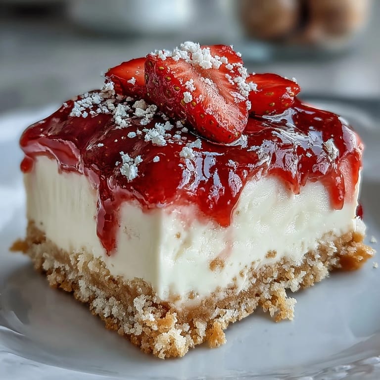 No-bake strawberry cheesecake bars with rich cream cheese layer and juicy fresh strawberries. Easy summer dessert for gatherings.  