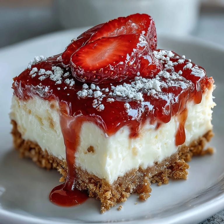 Layered strawberry cheesecake bars featuring smooth filling and sweet berries over a buttery graham cracker base. A refreshing treat.