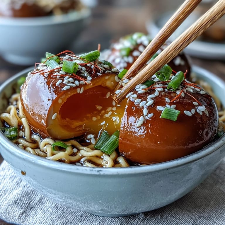 Marinated eggs in a chili miso sauce, sliced and served for a vibrant, protein-packed dish.