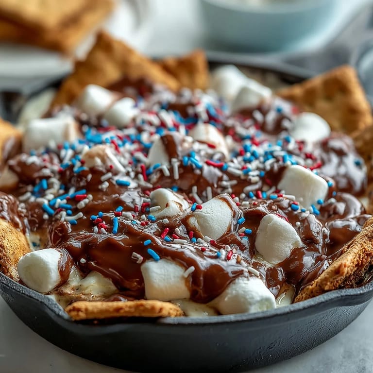 Gooey 4th of July S'mores Dip in cast iron, served warm with graham crackers.
