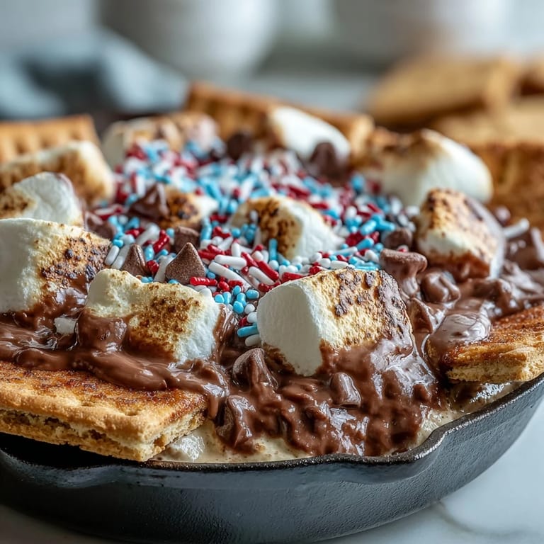 Festive 3-ingredient S'mores Dip, bubbling golden marshmallows in a cast iron skillet.