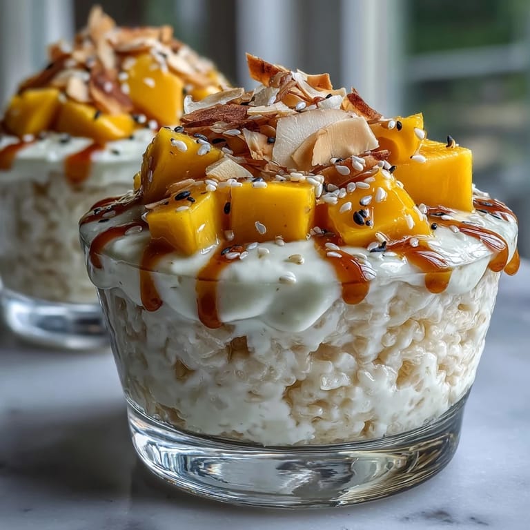 Individual coconut mango sticky rice cups, a visually delightful treat.