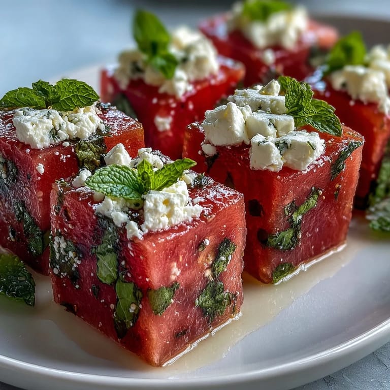 Refreshing cucumber watermelon feta bites with balsamic glaze, a delightful summer treat.