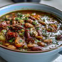 Hearty 15-bean crockpot soup with smoked turkey, packed with tender beans and savory meat, slow-cooked for deep flavor.  