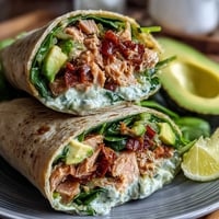 Healthy Easy 5-Ingredient Avocado Tuna Wraps with fresh spinach and whole wheat tortillas, perfect for a quick lunch or light dinner.