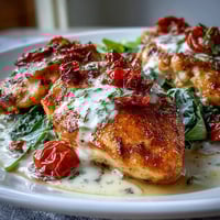 Creamy Tuscan Chicken with Sun-Dried Tomatoes in a rich, garlicky Parmesan sauce with wilted spinach.  