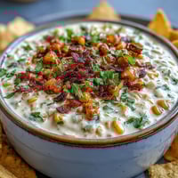 Creamy elote dip with charred corn and cotija cheese, served with crispy tortilla chips for a zesty appetizer.
