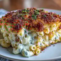 Creamy mac and cheese bake with golden, crunchy panko topping and bubbling cheddar sauce.
