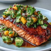 Baked salmon with mango avocado salsa served on a white plate with colorful fresh fruit topping.  