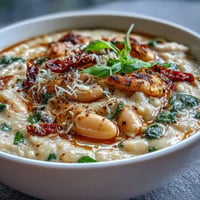 Creamy Tuscan White Bean Soup with spinach and sun-dried tomatoes in a white bowl, garnished with fresh basil.