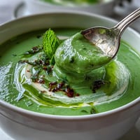 A vibrant bowl of spring pea soup with fluffy whipped ricotta and fragrant mint oil drizzle.