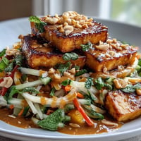 A colorful Thai mango salad with crispy tofu cubes, fresh vegetables, and a drizzle of creamy peanut sauce.  