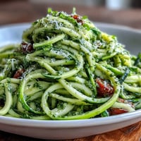 Vibrant zucchini noodles tossed with fresh basil pesto and juicy cherry tomatoes for a light, raw dish.  