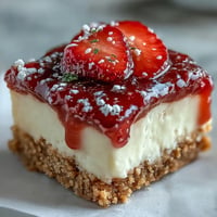 Strawberry cheesecake bars with creamy filling and fresh strawberry topping on a graham cracker crust. A no-bake dessert perfect for parties and holidays.  