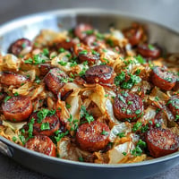 Hearty cabbage and sausage skillet with tender cabbage, smoky sausage, and tangy mustard in one pan.