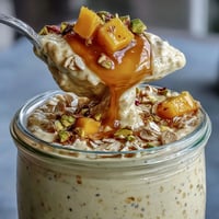 Mango lassi overnight oats with creamy yogurt, fresh mango, and cardamom, topped with diced mango and pistachios for a tropical breakfast.