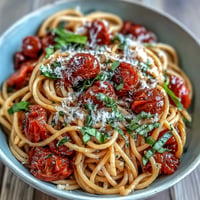 Plump cherry tomato confit pasta glistening with garlic oil and fresh basil.