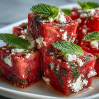 Juicy watermelon feta bites appetizer garnished with fresh mint, perfect for parties.